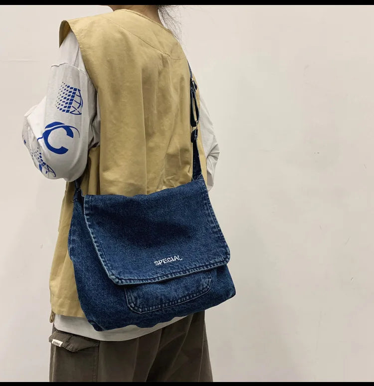 Large Capacity Denim Messenger Bag Youth Schoolbag