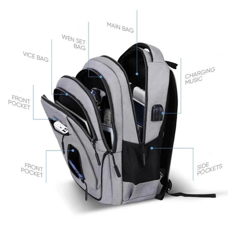 Large Capacity Men's Waterproof Oxford Cloth Rucksack USB Computer Bag