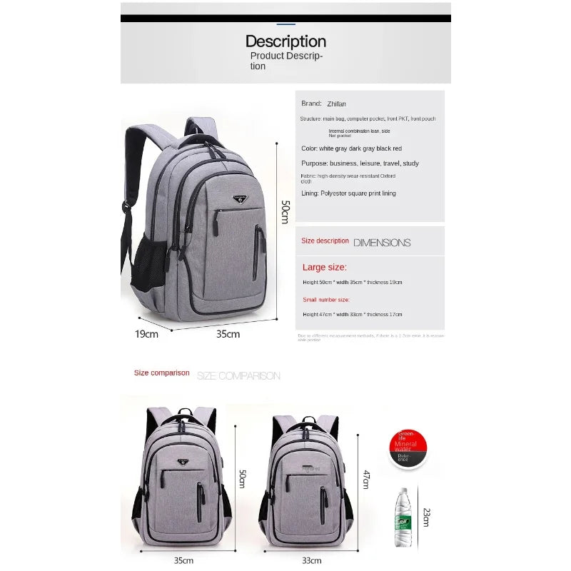 Large Capacity Men's Waterproof Oxford Cloth Rucksack USB Computer Bag