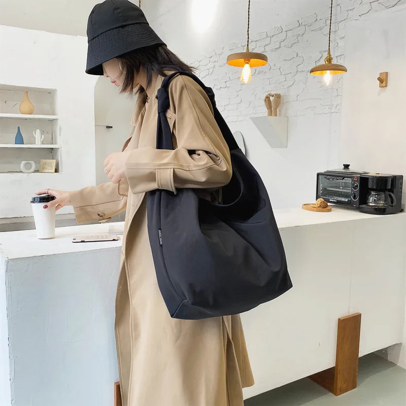 Waterproof Nylon Shoulder Bag Large Capacity Solid Color Minimalist Style