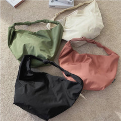 Waterproof Nylon Shoulder Bag Large Capacity Solid Color Minimalist Style