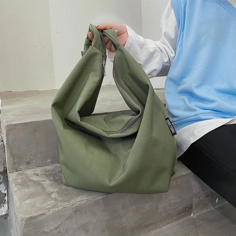 Waterproof Nylon Shoulder Bag Large Capacity Solid Color Minimalist Style