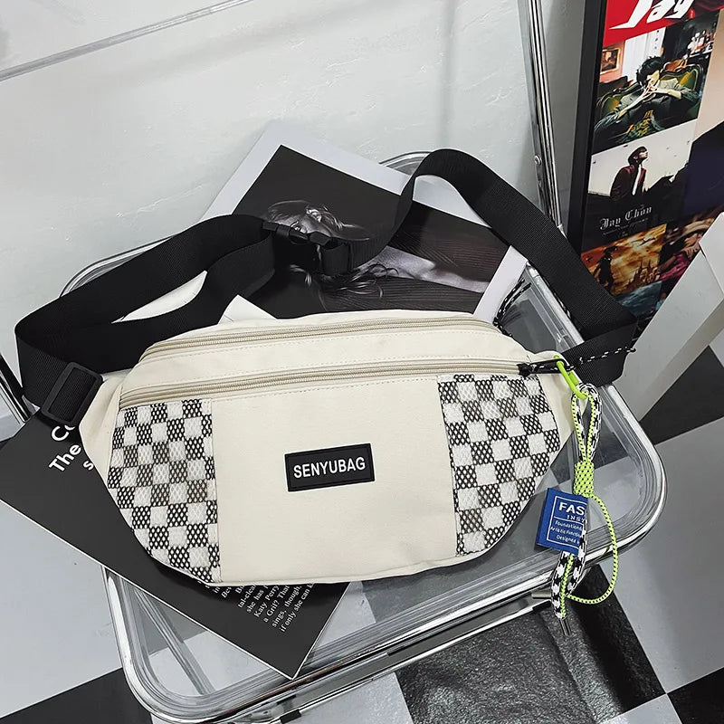 Large Capacity Plaid Waist Bag Nylon Fanny Pack For Men And Women