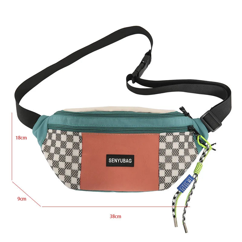 Large Capacity Plaid Waist Bag Nylon Fanny Pack For Men And Women