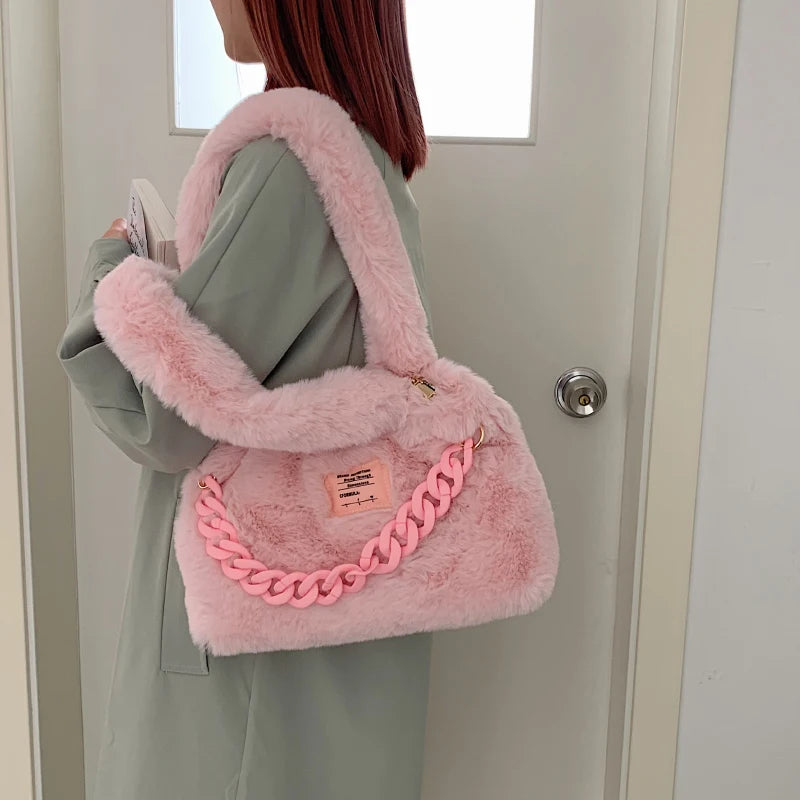 Large Capacity Plush Shoulder Bags Women Handbags Western Style