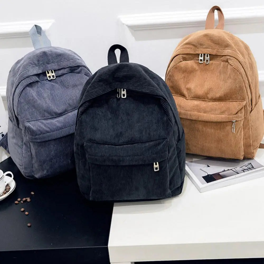 Large Capacity Corduroy Backpack Solid Zip Student Schoolbag