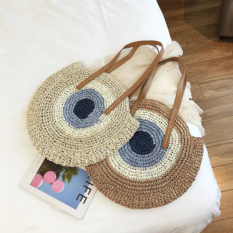 Round Straw Woven Shoulder Bag for Women