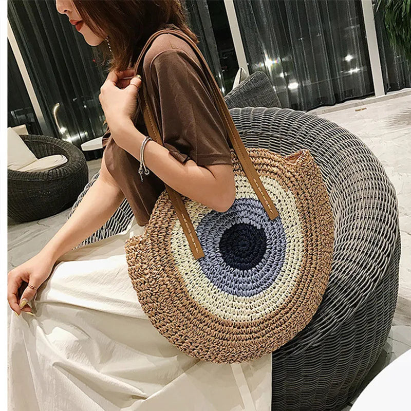 Round Straw Woven Shoulder Bag for Women