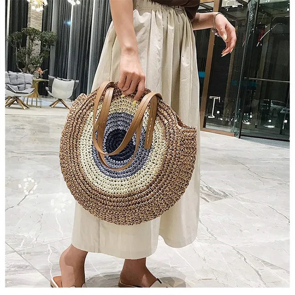 Straw Woven Bag Round Zipper Large Capacity Beach Travel Fashionable Women Bags