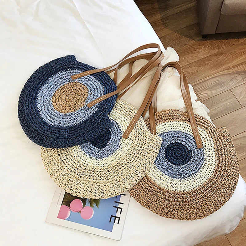 Straw Woven Bag Round Zipper Large Capacity Beach Travel Fashionable Women Bags