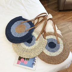 Straw Woven Bag Round Zipper Large Capacity Beach Travel Fashionable Women Bags