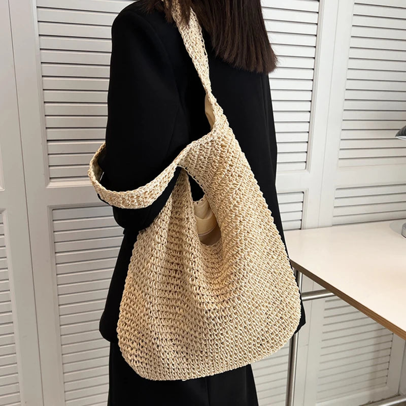 Large Capacity Shopper Tote Rattan Handbags Lady Summer Beach Shoulder Bags