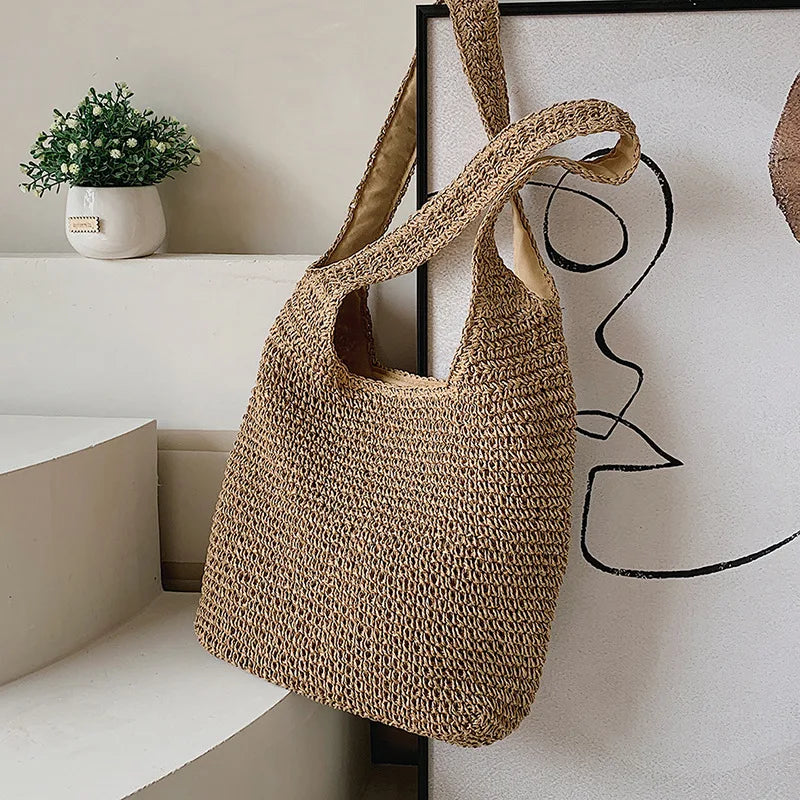 Large Capacity Shopper Tote Rattan Handbags Lady Summer Beach Shoulder Bags