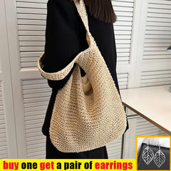 Large Capacity Shopper Tote Rattan Handbags Lady Summer Beach Shoulder Bags