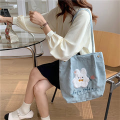Corduroy Rabbit Embroidery Shoulder Bag Large Capacity Casual Handbag