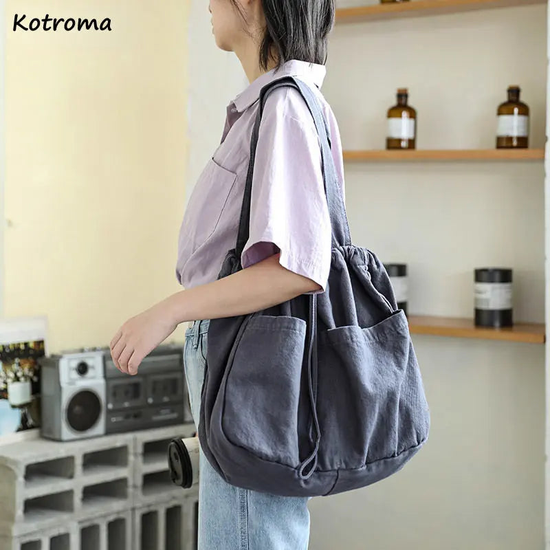Large Capacity Shoulder Bags Women Harajuku Drawstring Portable Canvas Handbags