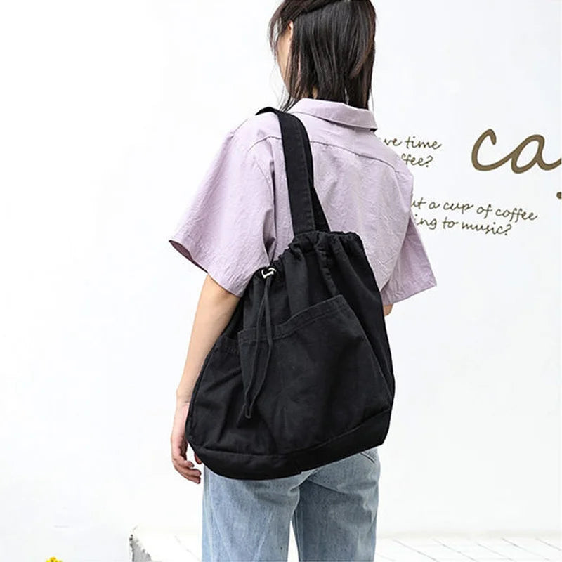 Large Capacity Shoulder Bags Women Harajuku Drawstring Portable Canvas Handbags