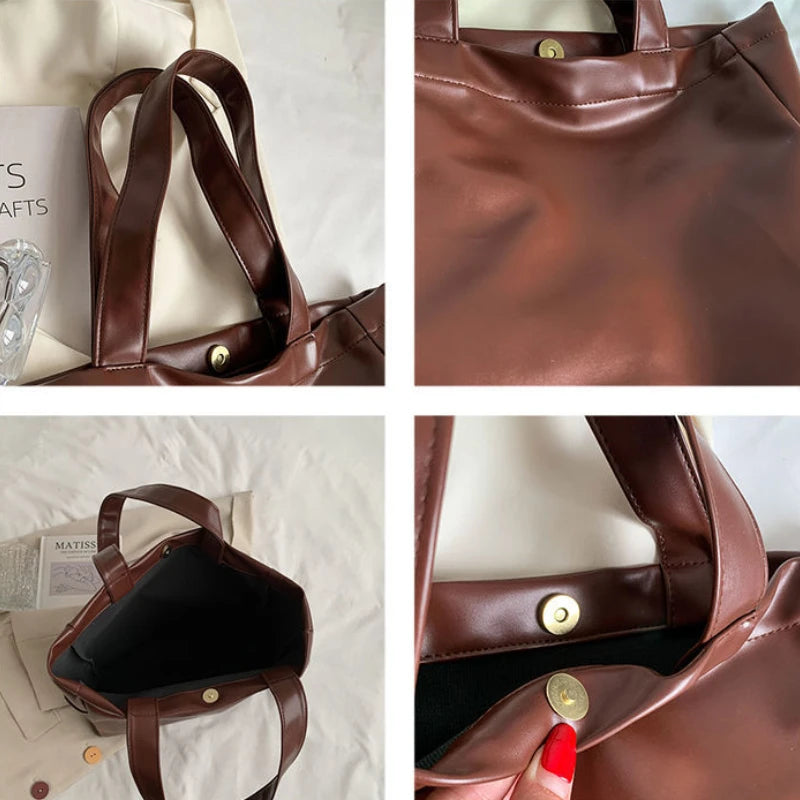 Large Capacity Shoulder Bags Women Solid Shopping Tote Bag PU Leather