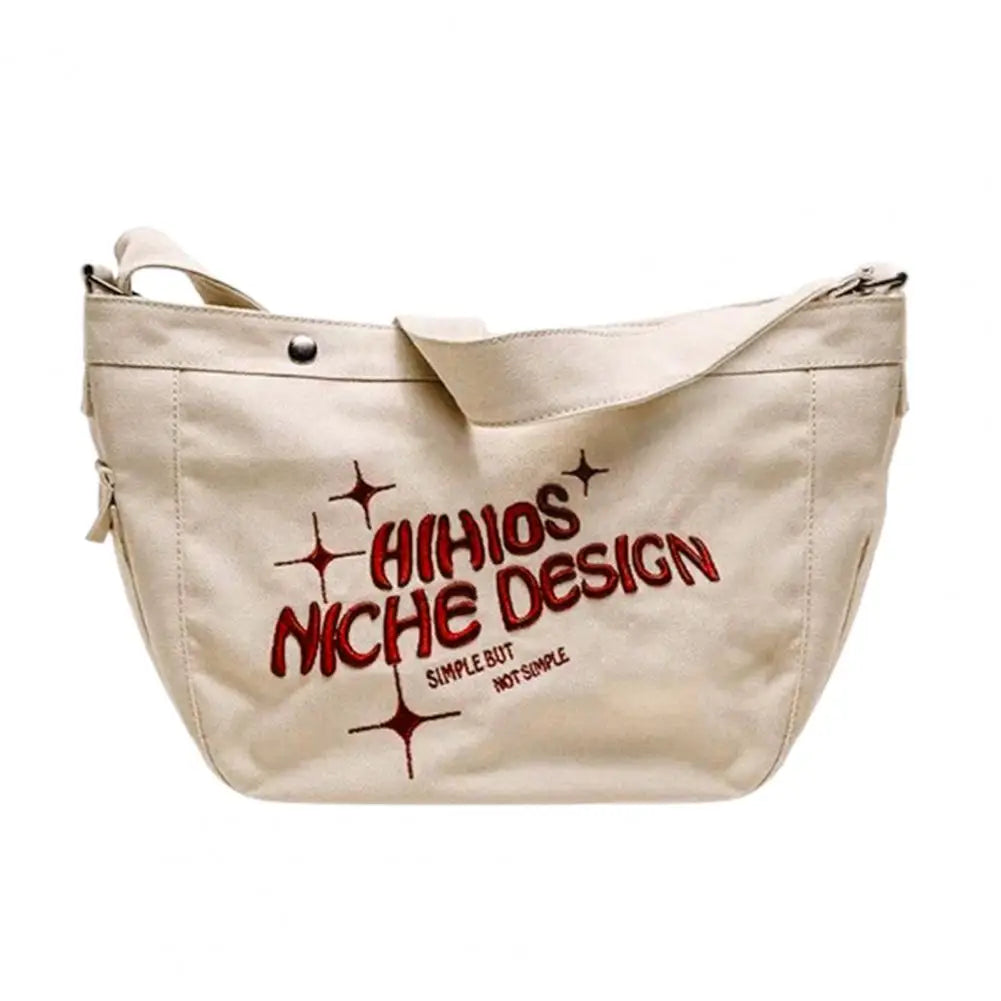 Khaki Canvas Shoulder Tote Bag with Letters Embroidery