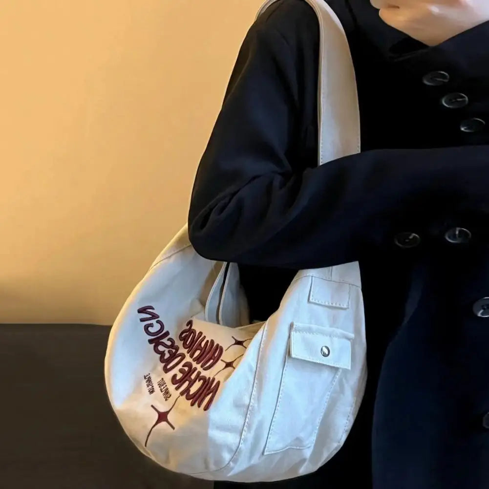 Khaki Canvas Shoulder Tote Bag with Letters Embroidery