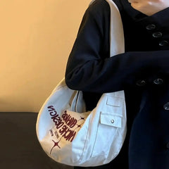 Khaki Canvas Shoulder Tote Bag with Letters Embroidery