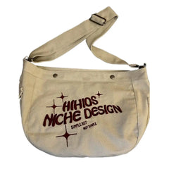 Khaki Canvas Shoulder Tote Bag with Letters Embroidery