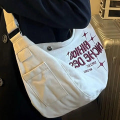 Khaki Canvas Shoulder Tote Bag with Letters Embroidery