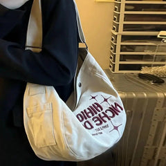 Khaki Canvas Shoulder Tote Bag with Letters Embroidery