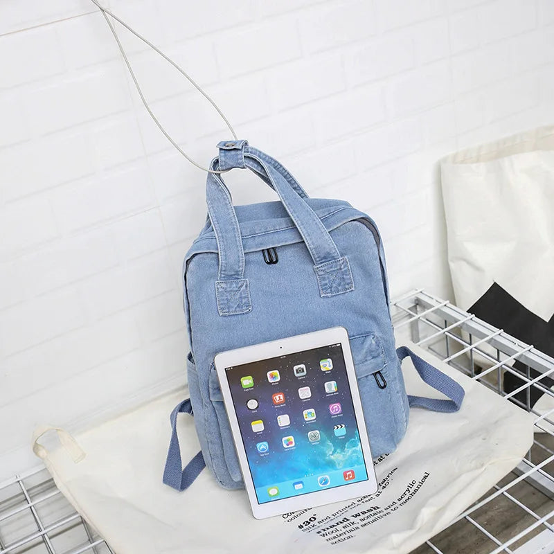 Denim School Backpack for Women Student Teenage Girl Travel Shoulder Bag