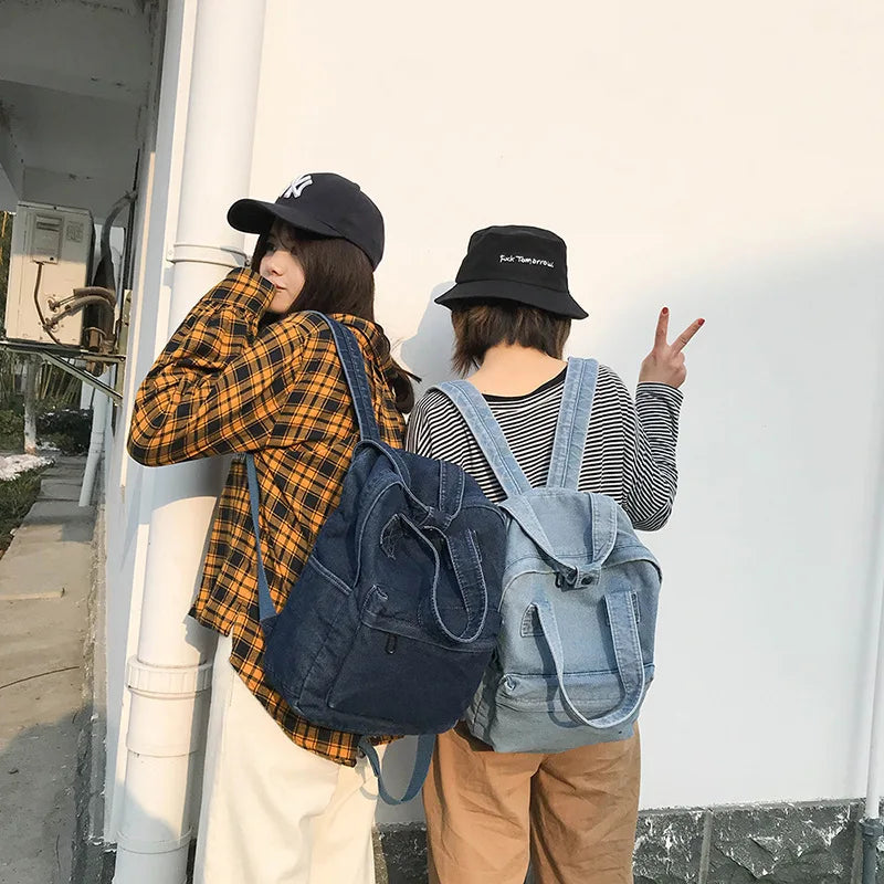 Denim School Backpack for Women Student Teenage Girl Travel Shoulder Bag