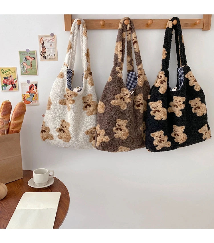 Soft Plush Shopping Bags Girls Book Women Lamb Like Fabric Tote Shoulder Bag
