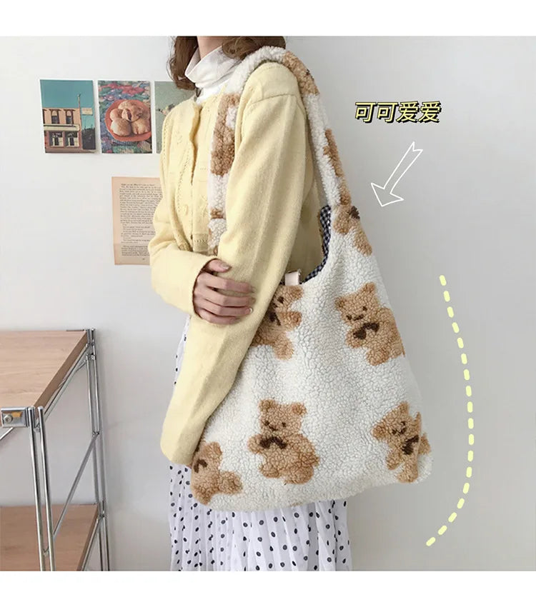 Soft Plush Shopping Bags Girls Book Women Lamb Like Fabric Tote Shoulder Bag