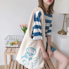 Soft Shopping Bags School Bag for Girls Women Lamb Fabric Shoulder Bag Fluffy Fu