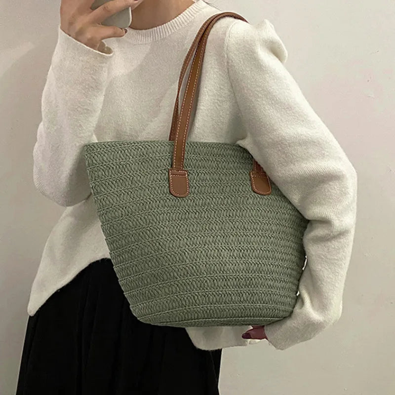 Large Capacity Straw Beach Bag Summer Handbag Purse Travel Shopper Shoulder Bag
