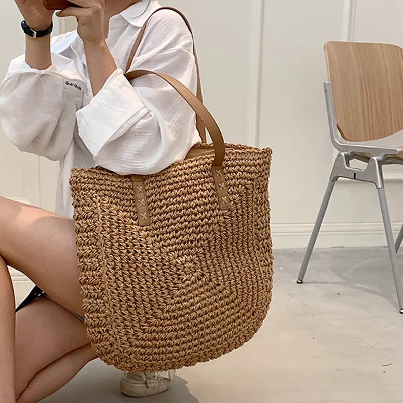 Large Capacity Straw Woven Bag Single Shoulder Bag Paper Rope Women's Handbag