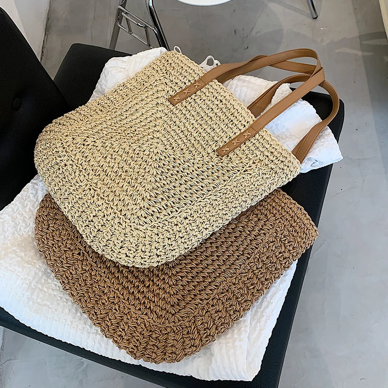 Large Capacity Straw Woven Bag Single Shoulder Bag Paper Rope Women's Handbag