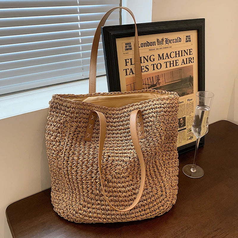 Large Capacity Straw Woven Bag Single Shoulder Bag Paper Rope Women's Handbag