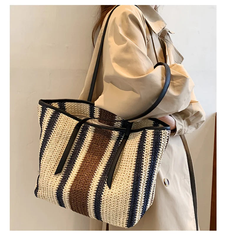 Large Capacity Straw Beach Bag Vintage Woven Shoulder Bag Raffia Circle
