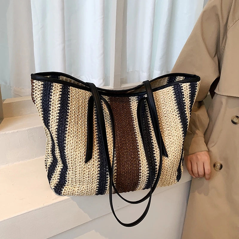 Large Capacity Straw Beach Bag Vintage Woven Shoulder Bag Raffia Circle