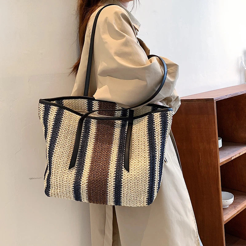 Large Capacity Straw Beach Bag Vintage Woven Shoulder Bag Raffia Circle