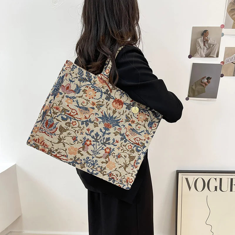 Embroidered Canvas Shoulder Bag Large Tote Handbag