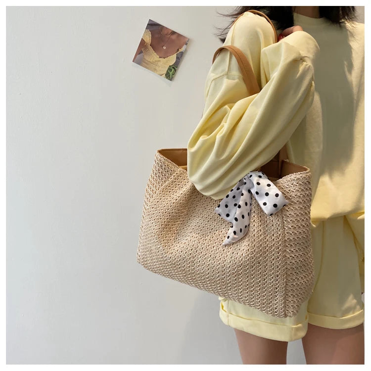 Large Capacity Weave Shoulder Bag Women Beach Holiday Ribbon Straw Tote