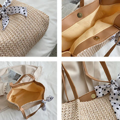 Large Capacity Weave Shoulder Bag Women Beach Holiday Ribbon Straw Tote