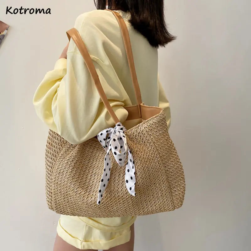 Large Capacity Weave Shoulder Bag Women Beach Holiday Ribbon Straw Tote