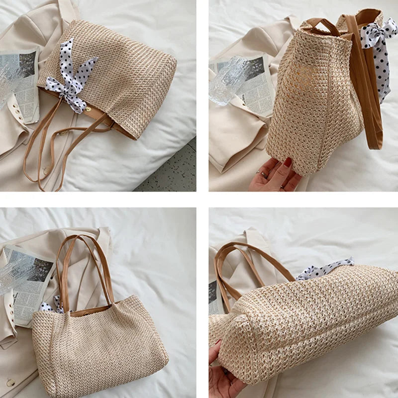 Large Capacity Weave Shoulder Bag Women Beach Holiday Ribbon Straw Tote