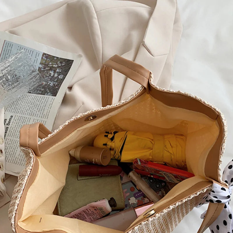 Large Capacity Weave Shoulder Bag Women Beach Holiday Ribbon Straw Tote