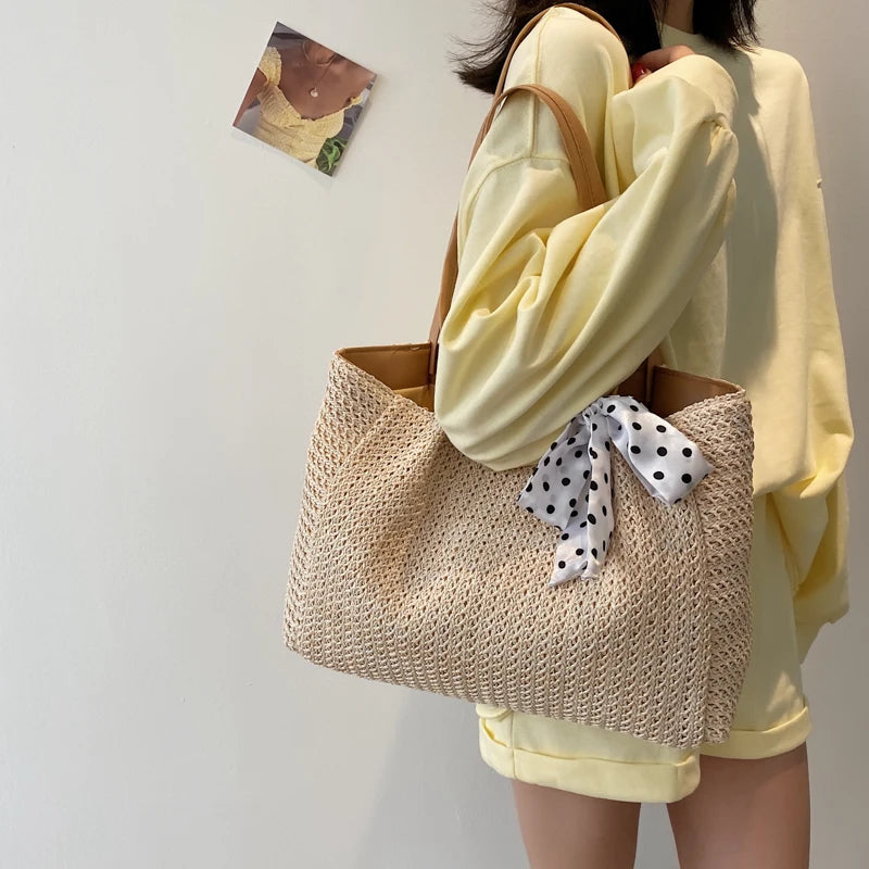 Large Capacity Weave Shoulder Bag Women Beach Holiday Ribbon Straw Tote