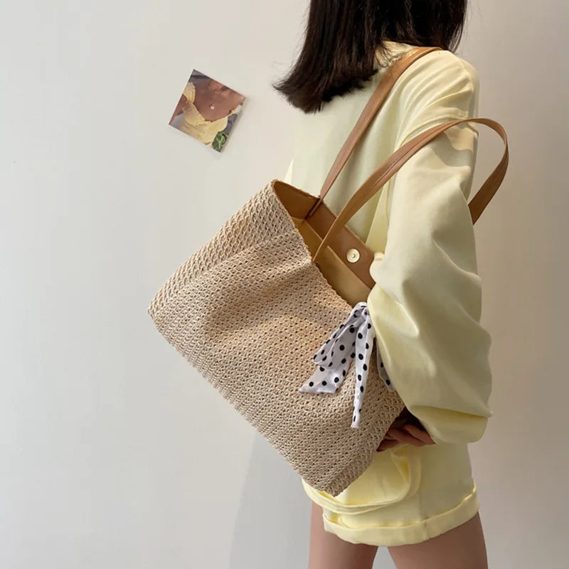 Large Capacity Weave Shoulder Bag Women Beach Holiday Ribbon Straw Tote