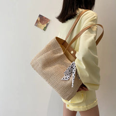 Large Capacity Weave Shoulder Bag Women Beach Holiday Ribbon Straw Tote