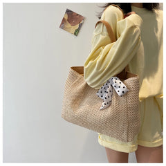 Large Capacity Weave Shoulder Bag Women Beach Holiday Ribbon Straw Tote